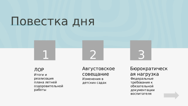 Повестка дня 1 3 2 Августовское совещание Бюрократическая нагрузка ЛОР Итоги и реализация плана летней оздоровительной работы Федеральные требования к обязательной документации воспитателя Изменения в детских садах 