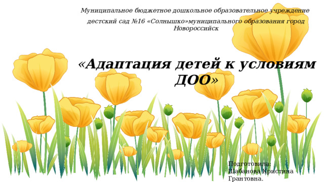 Муниципальное бюджетное дошкольное образовательное учреждение дестский сад №16 «Солнышко»муниципального образования город Новороссийск  « Адаптация детей к условиям ДОО » Часто задаваемый вопрос. Как легко и быстро приучить ребенка к посещению детского сада без слез и истерик ?  Если вы готовитесь к посещению детского сада эта презентация для вас  Сегодня я расскажу как же справиться с этим просто и без слез. Подготовила: Шабанова Кристина Грантовна.  