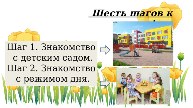  Шесть шагов к успеху! Шаг 1. Знакомство с детским садом. Шаг 2. Знакомство с режимом дня. 1 шаг и очень важнный это знакомство с детским садом. Возьмите ребенка и придите на территорию детского сада прогуляться Чтобы посмотреть как выглядит доу изнутри посмотрите площадку, какие есть постройки песочницы. Важно чтобы все проходила на позитиве. Посмотрите какие двери ведут в группу. Расскажите, что возможно ты будешь ходить в эту группу, а в группе будет много детей, если есть возможность посмотрите как играют дети самое подходящее время- вечернее, посмотрите как родители забирают детей домой обязательно комментируйте. вот пришел вечер и родители пришли за детьми. И я тоже буду забирать тебя вечером. Расскажите ребенку что на территории доу есть охрана и значит это безопасно. Знакомство с режимом. Расскажите ребенку, что вы будете приводить его утром , там будет завтрак, зарядка занятия прогулка и дневной сон, ребенок должен понимать что он будет проводить в доу большую часть времени.  Расскажите подробно, то чем он будет заниматься в группе.  