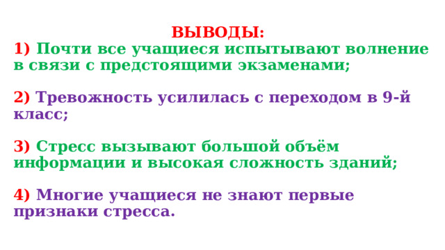  ВЫВОДЫ:  1) Почти все учащиеся испытывают волнение в связи с предстоящими экзаменами;   2)  Тревожность усилилась с переходом в 9-й класс;   3) Стресс вызывают большой объём информации и высокая сложность зданий;   4) Многие учащиеся не знают первые признаки стресса. 