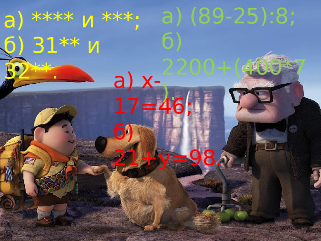 а) (89-25):8;  б) 2200+(400*7). а) **** и ***;  б) 31** и 32**. а) x-17=46;  б) 21+y=98. 
