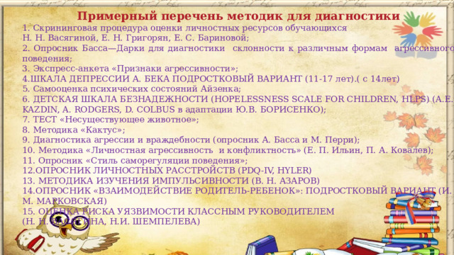 Примерный перечень методик для диагностики 1. Скрининговая процедура оценки личностных ресурсов обучающихся Н. Н. Васягиной, Е. Н. Григорян, Е. С. Бариновой; 2. Опросник Басса—Дарки для диагностики склонности к различным формам агрессивного поведения; 3. Экспресс-анкета «Признаки агрессивности»; 4.ШКАЛА ДЕПРЕССИИ А. БЕКА ПОДРОСТКОВЫЙ ВАРИАНТ (11-17 лет).( с 14лет) 5. Самооценка психических состояний Айзенка; 6. ДЕТСКАЯ ШКАЛА БЕЗНАДЕЖНОСТИ (HOPELESSNESS SCALE FOR CHILDREN, HLPS) (A.E. KAZDIN, A. RODGERS, D. COLBUS в адаптации Ю.В. БОРИСЕНКО); 7. ТЕСТ «Несуществующее животное»; 8. Методика «Кактус»; 9. Диагностика агрессии и враждебности (опросник А. Басса и М. Перри); 10. Методика «Личностная агрессивность и конфликтность» (Е. П. Ильин, П. А. Ковалев); 11. Опросник «Стиль саморегуляции поведения»; 12.ОПРОСНИК ЛИЧНОСТНЫХ РАССТРОЙСТВ (PDQ-IV, HYLER) 13. МЕТОДИКА ИЗУЧЕНИЯ ИМПУЛЬСИВНОСТИ (В. Н. АЗАРОВ) 14.ОПРОСНИК «ВЗАИМОДЕЙСТВИЕ РОДИТЕЛЬ-РЕБЕНОК»: ПОДРОСТКОВЫЙ ВАРИАНТ (И. М. МАРКОВСКАЯ) 15. ОЦЕНКА РИСКА УЯЗВИМОСТИ КЛАССНЫМ РУКОВОДИТЕЛЕМ (Н. Н. ВАСЯГИНА, Н.И. ШЕМПЕЛЕВА)      