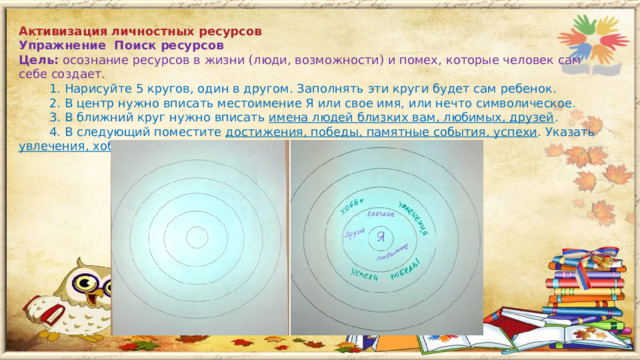 Активизация личностных ресурсов Упражнение Поиск ресурсов Цель: осознание ресурсов в жизни (люди, возможности) и помех, которые человек сам себе создает.  1. Нарисуйте 5 кругов, один в другом. Заполнять эти круги будет сам ребенок.  2. В центр нужно вписать местоимение Я или свое имя, или нечто символическое.  3. В ближний круг нужно вписать имена людей близких вам, любимых, друзей .  4. В следующий поместите достижения, победы, памятные события, успехи . Указать увлечения, хобби .  