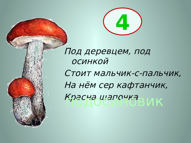4 Под деревцем, под осинкой Стоит мальчик-с-пальчик, На нём сер кафтанчик, Красна шапочка. подосиновик 