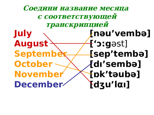 Соедини название месяца с соответствующей транскрипцией  July August [nəu’vembə] [‘ɔ:g əst] [sep’tembə] [dı’sembə] [ɒk’təubə] [dʒu’l α ı] September October November December  