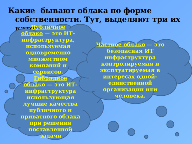 Какие  бывают облака по форме  собственности. Тут, выделяют три их категории: Публичное облако  — это ИТ- инфраструктура, используемая одновременно множеством компаний и сервисов. Частное облако  — это безопасная ИТ инфраструктура контролируемая и эксплуатируемая в интересах одной-единственной организации или человека. Гибридное обла ко — это ИТ- инфраструктура использующая лучшие качества публичного и приватного облака при решении поставленной задачи 5 