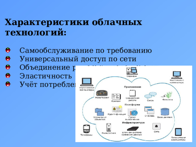 Характеристики облачных технологий:  Самообслуживание по требованию  Универсальный доступ по сети  Объединение ресурсов  Эластичность  Учёт потребления. 5 