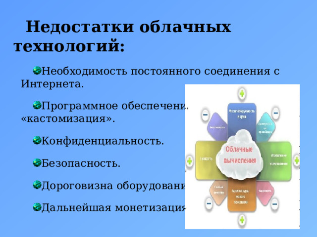 Недостатки облачных технологий: Необходимость постоянного соединения с Интернета. Программное обеспечение и его «кастомизация». Конфиденциальность. Безопасность. Дороговизна оборудования. Дальнейшая монетизация ресурса. 5 