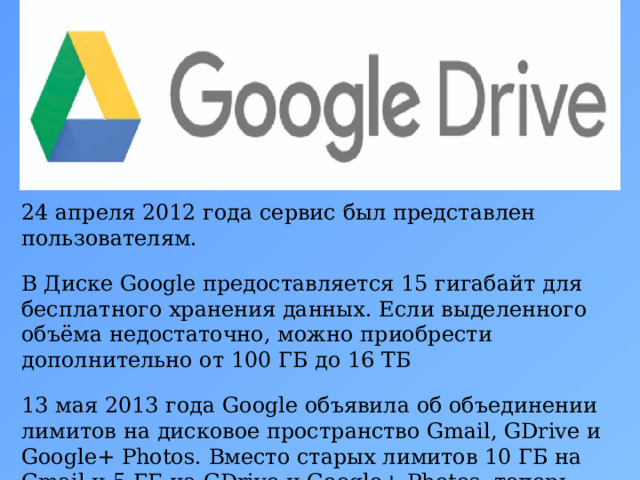 24 апреля 2012 года сервис был представлен пользователям. В Диске Google предоставляется 15 гигабайт для бесплатного хранения данных. Если выделенного объёма недостаточно, можно приобрести дополнительно от 100 ГБ до 16 ТБ 13 мая 2013 года Google объявила об объединении лимитов на дисковое пространство Gmail, GDrive и Google+ Photos. Вместо старых лимитов 10 ГБ на Gmail и 5 ГБ на GDrive и Google+ Photos, теперь пользователь получает 15 ГБ на всё сразу, в том числе и на Google Drive. 5 
