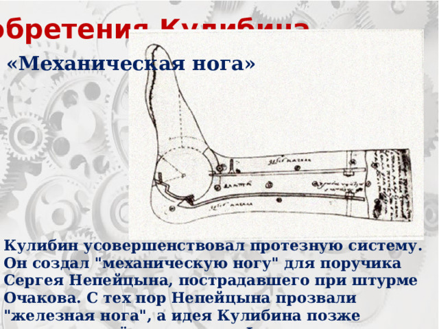 Изобретения Кулибина «Механическая нога» Кулибин усовершенствовал протезную систему. Он создал 