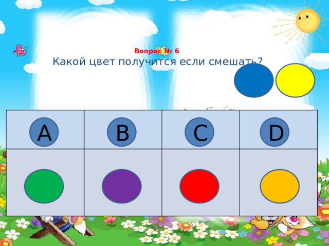 Вопрос № 6   Какой цвет получится если смешать?   А В С D 
