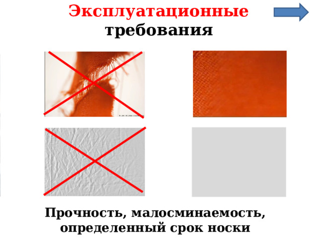 Эксплуатационные  требования Прочность, малосминаемость, определенный срок носки Итак, по эксплуатационным требованиям одежда должна быть стойкой к воздействию не нее водой, моющими средствами, к влиянию погодных условий(1,2) должна быть прочной (3), малосминаемой (4), иметь определенный срок носки. Но необходимо помнить, что бережное отношение к одежде, чистка, утюжка, ремонт продлевают срок службы одежды. Прочность, малосминаемость, определенный срок носки Стойкость одежды к воздействию на нее водой, моющими средствами, к влиянию погодных условий  12 