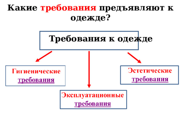 Какие требования предъявляют к одежде? Требования к одежде Закрепление пройденного материала. Вопрос: какие требования предъявляют к одежде? Ответ: гигиенические, эксплуатационные и эстетические требования.  