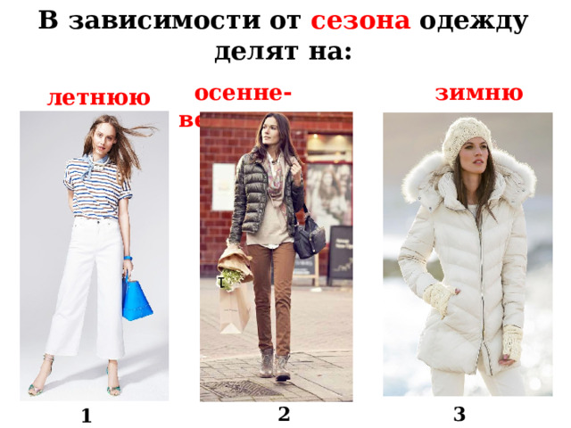  осенне-весеннюю. 2  В зависимости от сезона  одежду делят на:   зимнюю  летнюю Повторение пройденного материала. Вопрос:: каких видов бывает одежда в зависимости от сезона? Ответ: летняя (1), осенне-весенняя(2) и зимняя (3). 1 3 1  