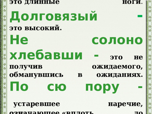 Ноги долги – это длинные ноги .  Долговязый - это высокий.  Не солоно хлебавши - это  не получив ожидаемого, обманувшись в ожиданиях.  По сю пору -   устаревшее наречие, означающее «вплоть до настоящего времени», «до сего дня», «до сих пор» 