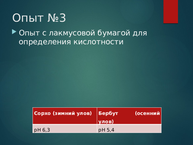 Опыт №3 Опыт с лакмусовой бумагой для определения кислотности Сорхо (зимний улов) рН 6,3 Бербут (осенний улов) рН 5,4 