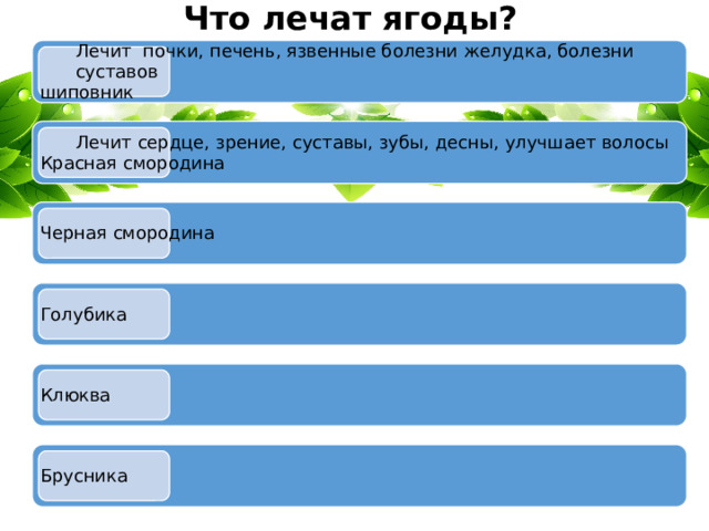 Что лечат ягоды? Лечит почки, печень, язвенные болезни желудка, болезни суставов шиповник Лечит сердце, зрение, суставы, зубы, десны, улучшает волосы Красная смородина Черная смородина Голубика Клюква Брусника 