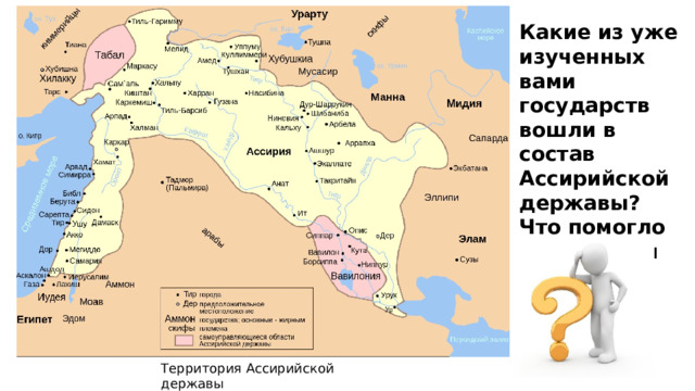 Какие из уже изученных вами государств вошли в состав Ассирийской державы? Что помогло ассирийцам их завоевать? Территория Ассирийской державы 