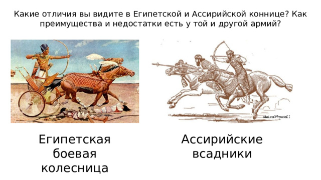 Какие отличия вы видите в Египетской и Ассирийской коннице? Как преимущества и недостатки есть у той и другой армий? Египетская боевая колесница Ассирийские всадники 