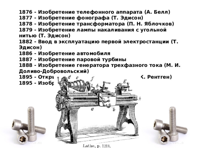 1876 - Изобретение телефонного аппарата (А. Белл)  1877 - Изобретение фонографа (Т. Эдисон)  1878 - Изобретение трансформатора (П. Н. Яблочков)  1879 - Изобретение лампы накаливания с угольной нитью (Т. Эдисон)  1882 - Ввод в эксплуатацию первой электростанции (Т. Эдисон)  1886 - Изобретение автомобиля  1887 - Изобретение паровой турбины  1888 - Изобретение генератора трехфазного тока (М. И. Доливо-Добровольский)  1895 - Открытие рентгеновских лучей (В. К. Рентген)  1895 - Изобретение радио (А. С. Попов)   