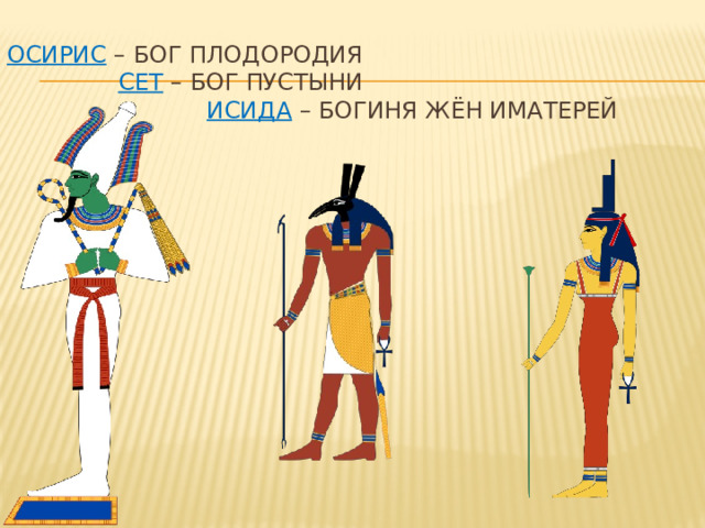 Осирис – бог плодородия   сет – бог пустыни   Исида – богиня жён иматерей   