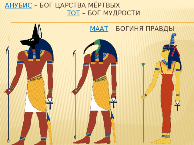 Анубис – бог царства мёртвых   Тот – бог мудрости   маат – богиня правды 