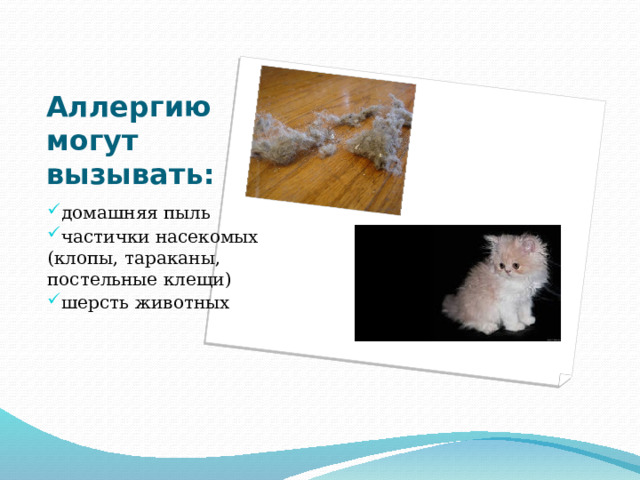 Аллергию могут вызывать: домашняя пыль частички насекомых (клопы, тараканы, постельные клещи) шерсть животных 