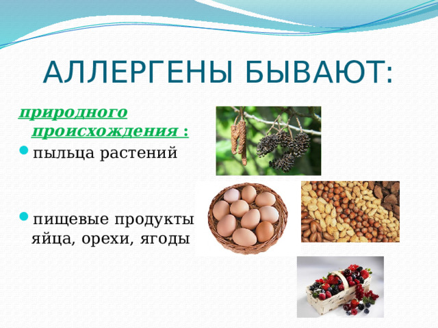 АЛЛЕРГЕНЫ БЫВАЮТ: природного происхождения : пыльца растений пищевые продукты: яйца, орехи, ягоды 
