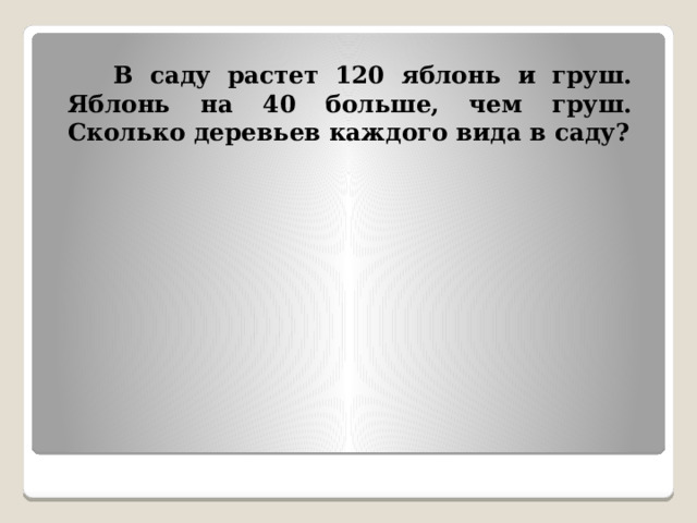  В саду растет 120 яблонь и груш. Яблонь на 40 больше, чем груш. Сколько деревьев каждого вида в саду? 