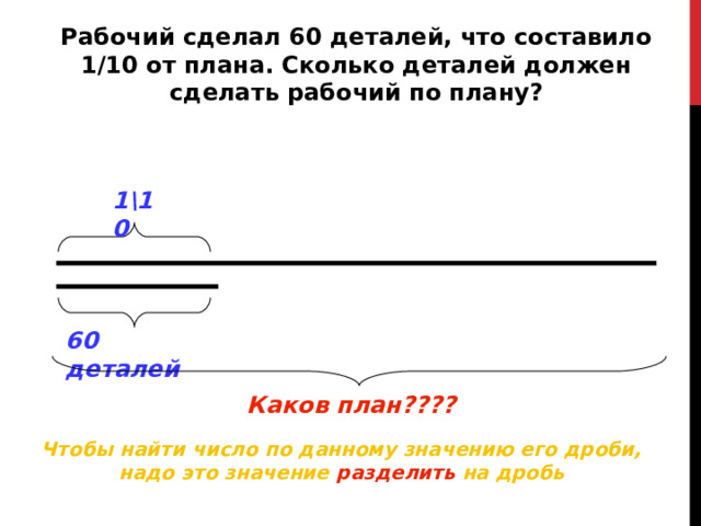 Рабочий сделал 60 деталей, что составило 1/10 от плана. Сколько деталей должен сделать рабочий по плану? 1\10 60 деталей Каков план???? Чтобы найти число по данному значению его дроби, надо это значение разделить на дробь 