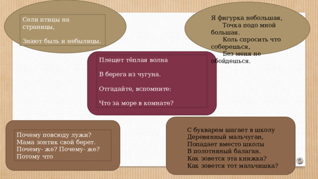 Я фигурка небольшая,  Точка подо мной большая.  Коль спросить что соберешься,  Без меня не обойдешься. Сели птицы на страницы, Знают быль и небылицы. Плещет тёплая волна В берега из чугуна. Отгадайте, вспомните: Что за море в комнате? С букварем шагает в школу Деревянный мальчуган, Попадает вместо школы В полотняный балаган. Как зовется эта книжка? Как зовется тот мальчишка? Почему повсюду лужи? Мама зонтик свой берет. Почему- же? Почему- же? Потому что 