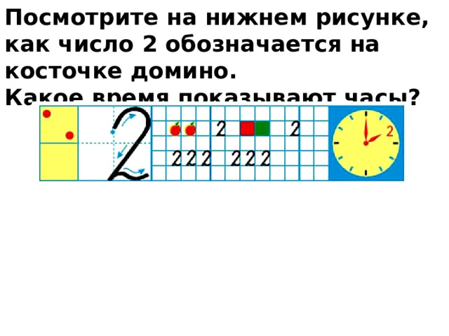 Посмотрите на нижнем рисунке, как число 2 обозначается на косточке домино. Какое время показывают часы? 