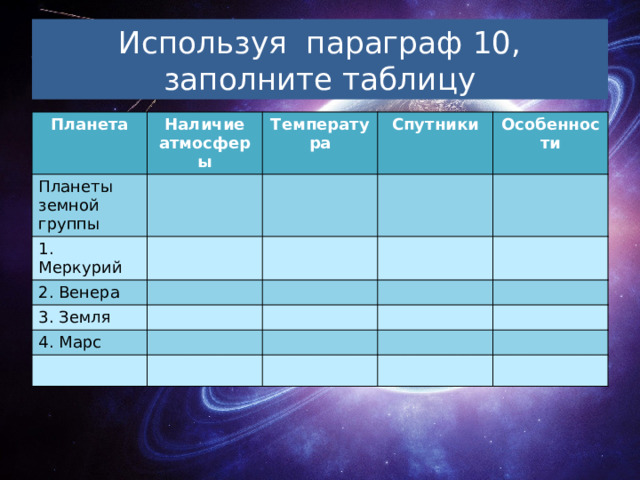 Используя параграф 10, заполните таблицу Планета Наличие атмосферы Планеты земной группы Температура 1. Меркурий Спутники 2. Венера Особенности 3. Земля 4. Марс 