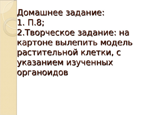 Домашнее задание:  1. П.8;  2.Творческое задание: на картоне вылепить модель растительной клетки, с указанием изученных органоидов 