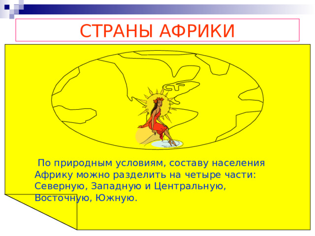 СТРАНЫ АФРИКИ  По природным условиям, составу населения Африку можно разделить на четыре части: Северную, Западную и Центральную, Восточную, Южную. 