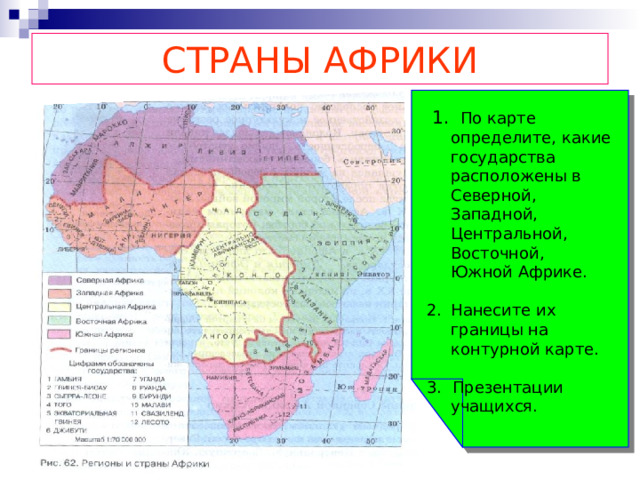 СТРАНЫ АФРИКИ  1. По карте определите, какие государства расположены в Северной, Западной, Центральной, Восточной, Южной Африке. Нанесите их границы на контурной карте. 3. Презентации учащихся. 