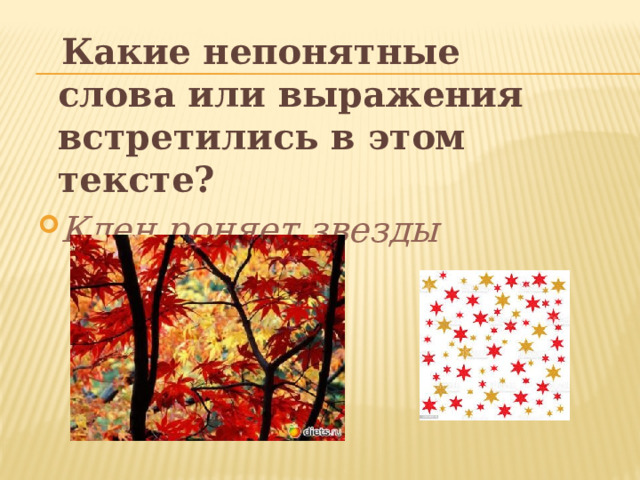  Какие непонятные слова или выражения встретились в этом тексте? Клен роняет звезды 