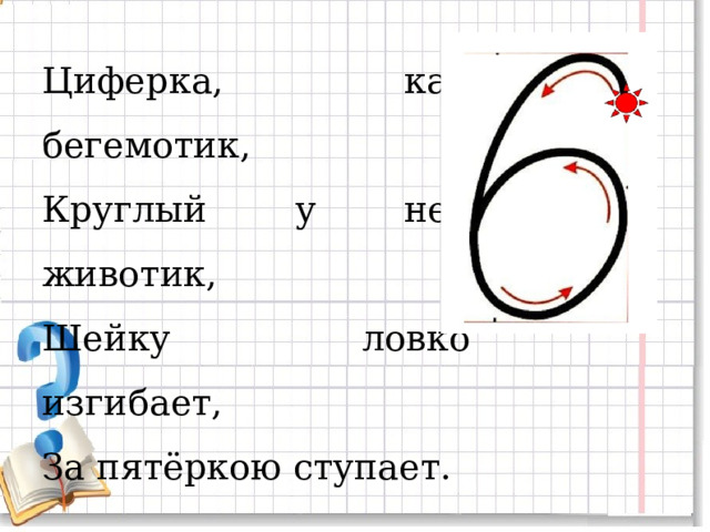 Циферка, как бегемотик, Круглый у нее животик, Шейку ловко изгибает, За пятёркою  ступает. 