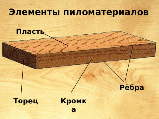Элементы пиломатериалов Пласть Рёбра Торец Кромка 