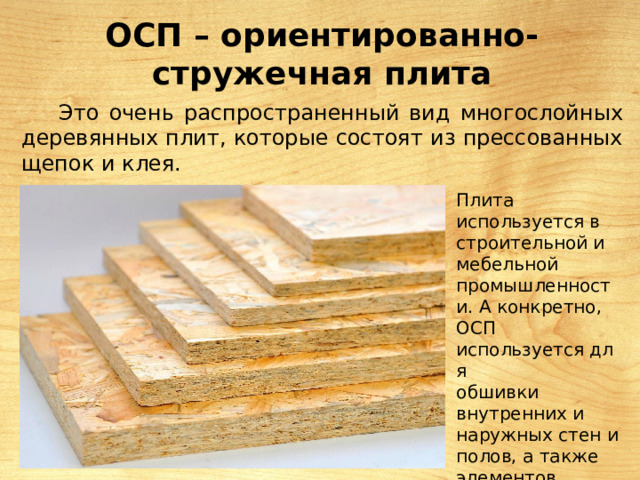 ОСП – ориентированно-стружечная плита Это очень распространенный вид многослойных деревянных плит, которые состоят из прессованных щепок и клея. Плита используется в строительной и мебельной промышленности. А конкретно, ОСП используется для обшивки внутренних и наружных стен и полов, а также элементов мебели. 