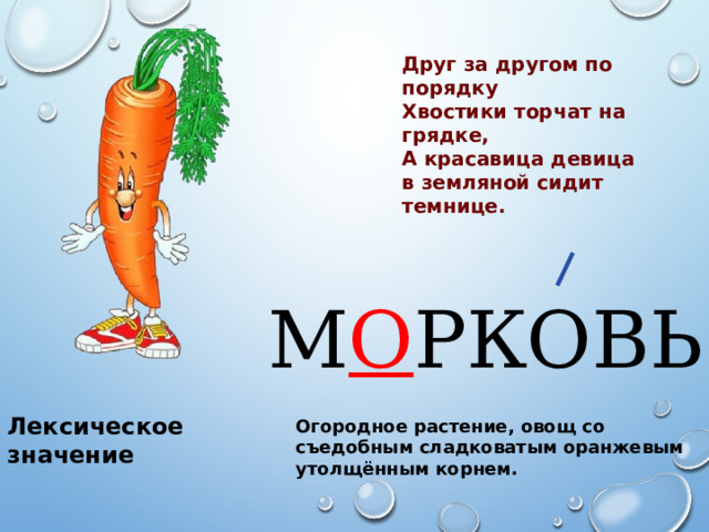 Друг за другом по порядку Хвостики торчат на грядке, А красавица девица в земляной сидит темнице. М О РКОВЬ Лексическое значение Огородное растение, овощ со съедобным сладковатым оранжевым утолщённым корнем. 