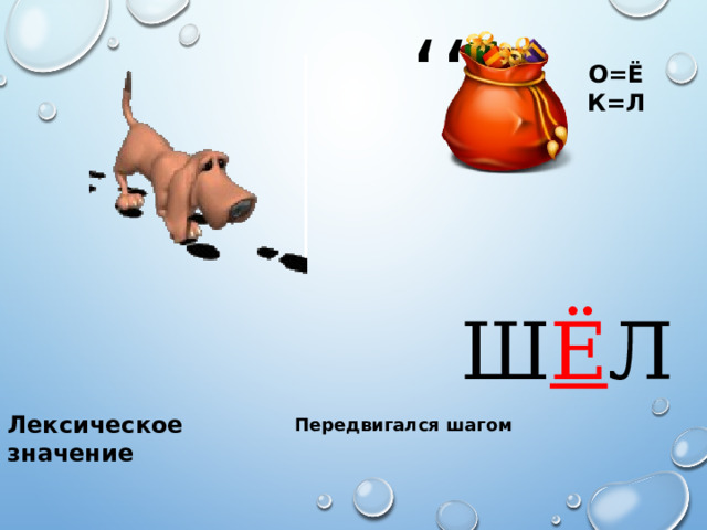 ,, О=Ё К=Л Ш Ё Л Лексическое значение Передвигался шагом 