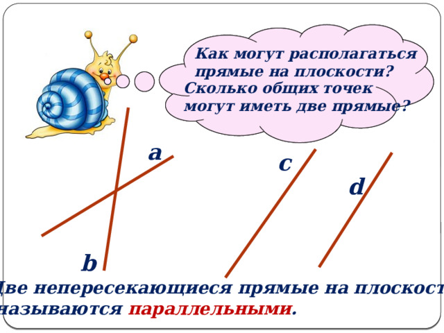     Как могут располагаться прямые на плоскости? Проведите две прямые так, чтобы у них было разное взаимное расположение на плоскости. Сколько общих точек могут иметь две прямые? a c d b Две непересекающиеся прямые на плоскости  называются параллельными . 