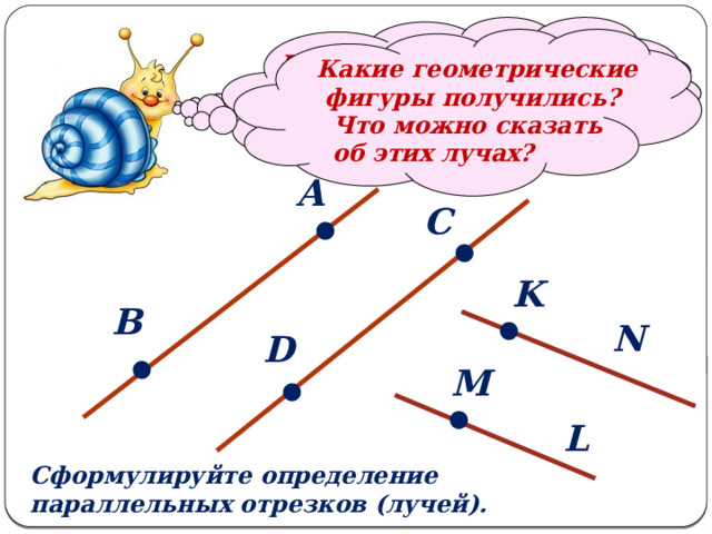         На второй паре параллельных прямых отметьте по одной точке. Какие геометрические  фигуры получились? На одной паре прямых  отметьте по две точки. Что можно сказать Назовите получивш Начертите две пары иеся отрезки. об этих отрезках?  параллельных прямых. Что можно сказать об этих лучах? А С K В N D M L Сформулируйте определение параллельных отрезков (лучей). 