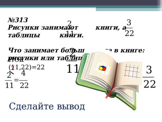 № 313 Рисунки занимают книги, а таблицы книги.  Что занимает больше места в книге: рисунки или таблицы? НОК (11,22)=22 2 4 № 313, Виленкин « Математика 6» Сделайте вывод 19 