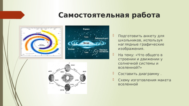Самостоятельная работа Подготовить анкету для школьников, используя наглядные графические изображения. На тему: «Что общего в строении и движении у солнечной системы и вселенной?» Составить диаграмму . Схему изготовления макета вселенной 