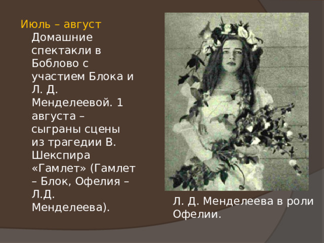 Июль – август Домашние спектакли в Боблово с участием Блока и Л. Д. Менделеевой. 1 августа – сыграны сцены из трагедии В. Шекспира «Гамлет» (Гамлет – Блок, Офелия – Л.Д. Менделеева). Л. Д. Менделеева в роли Офелии. 