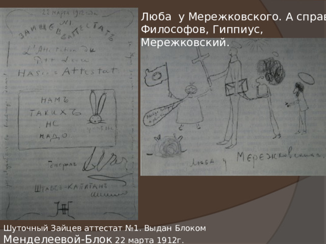 Люба у Мережковского. А справа - Философов, Гиппиус, Мережковский. Шуточный Зайцев аттестат №1. Выдан Блоком Менделеевой-Блок 22 марта 1912г. 
