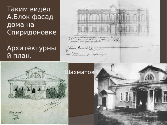 Таким видел А.Блок фасад дома на Спиридоновке. Архитектурный план. Шахматово. 