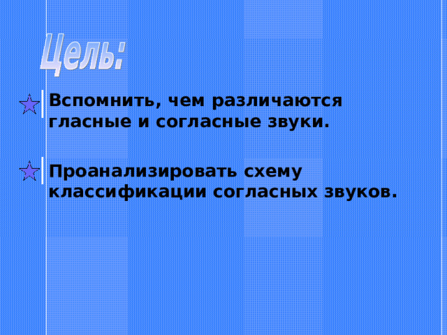 Вспомнить, чем различаются гласные и согласные звуки.  Проанализировать схему классификации согласных звуков. 